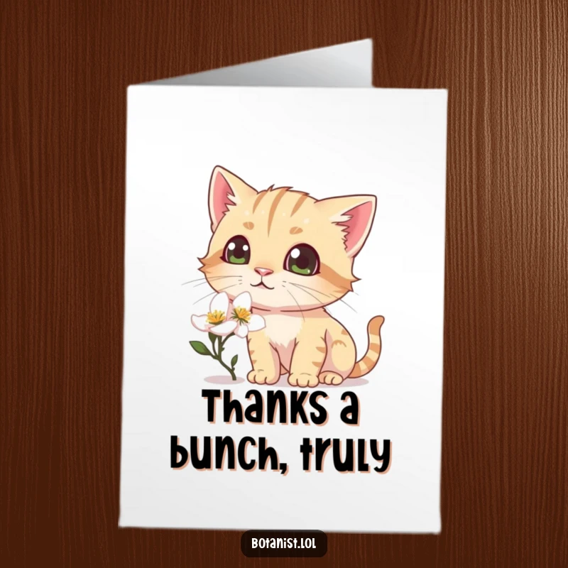 Funny Free Printable Thank You Card: Curious cat delightedly sniffing a wet blossom, eyes wide with amused surprise. Ideal DIY gift.