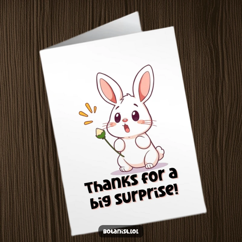 Funny free printable thank you card showing a bunny with a startled expression as a seed pod suddenly pops.