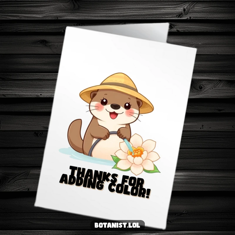 Funny free printable thank you card with a cute otter nurturing a huge flower, perfect for showing gratitude.