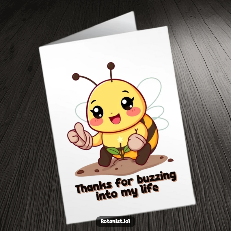 Funny Free Printable Thank You Card: a happy bee gardener planting a seed with a grateful smile.
