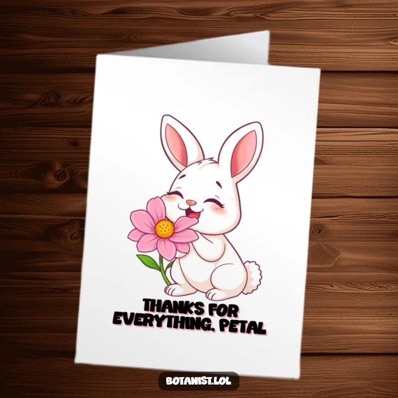 Funny Free Printable Thank You Card: A happy bunny giggling while smelling a massive, colorful flower.
