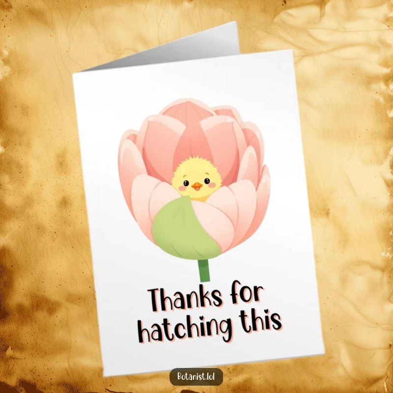 Funny Free Printable Thank You Card: Adorable fluffy chick peeking out from a giant, fully bloomed tulip, looking endearingly funny. Ideal DIY.