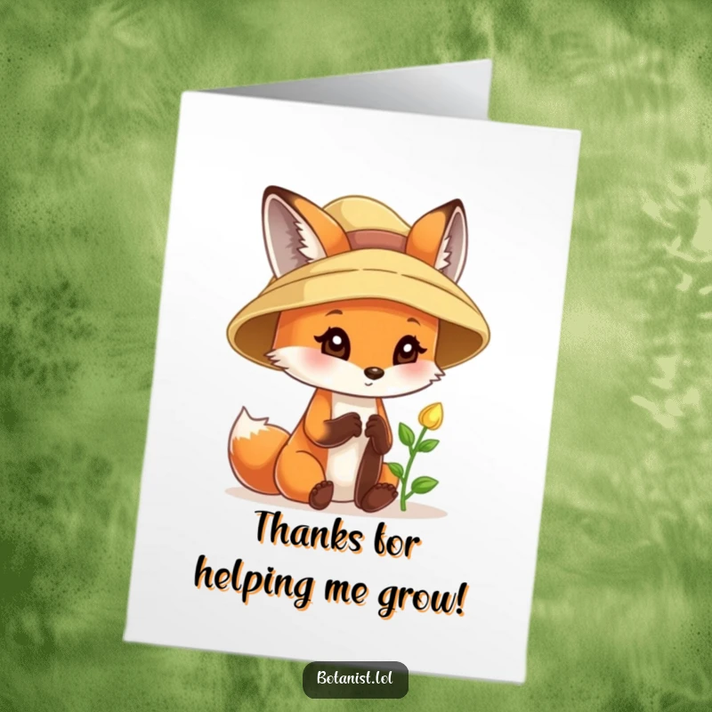 Funny Free Printable Thank You Card: A curious fox in a sunhat, delightedly examining a tiny sprout, sending thanks.
