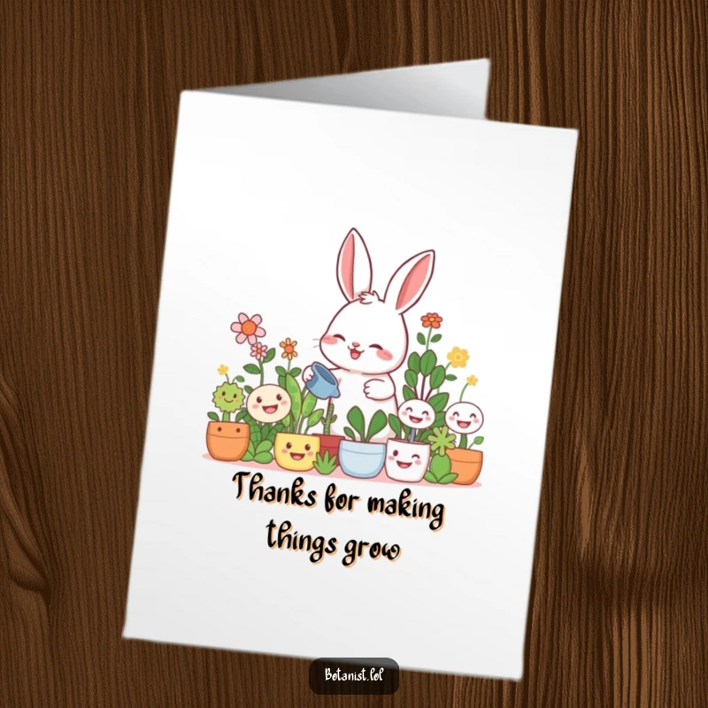 Funny Free Printable Thank You Card: a giggling rabbit watering smiling plants, expressing genuine thanks.