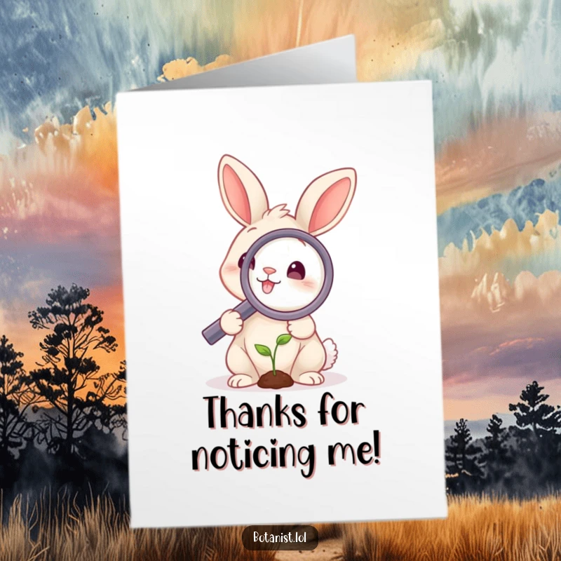 Funny Free Printable Thank You Card: A smiling rabbit holds a large magnifying glass, focusing on a surprisingly tiny sprout.
