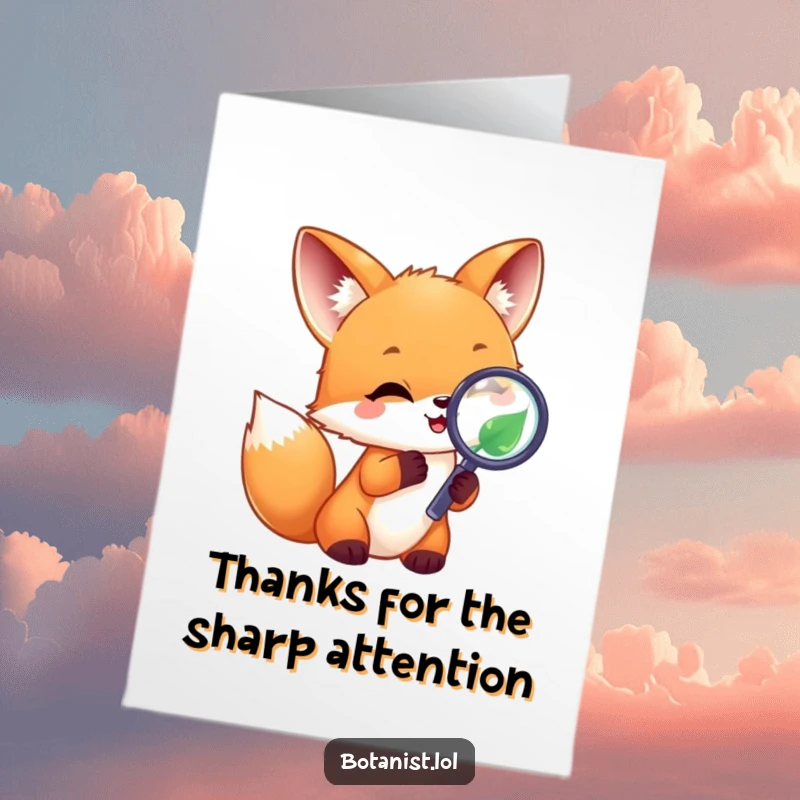 Funny Free Printable Thank You Card: Joyful fox cub intently studying a leaf with a magnifying glass, showing wonder.
