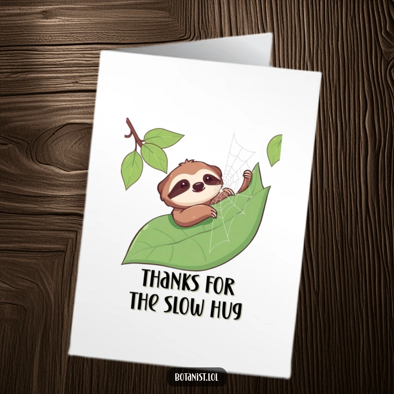 Funny Free Printable Thank You Card: Smiling sloth touching a spiderweb, gentle thanks, downloadable greeting.