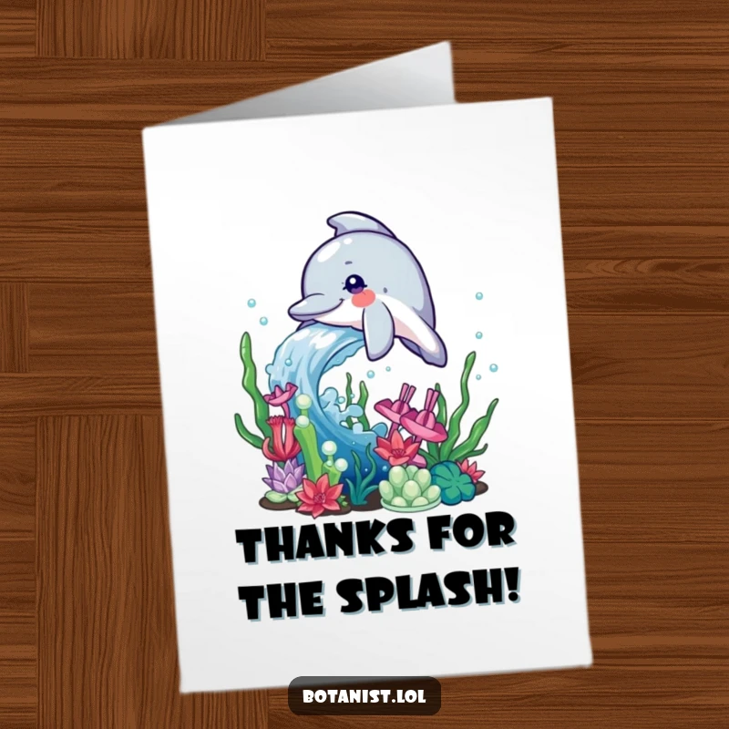Funny Free Printable Thank You Card: A dolphin splashing water onto aquatic plants, expressing thanks.