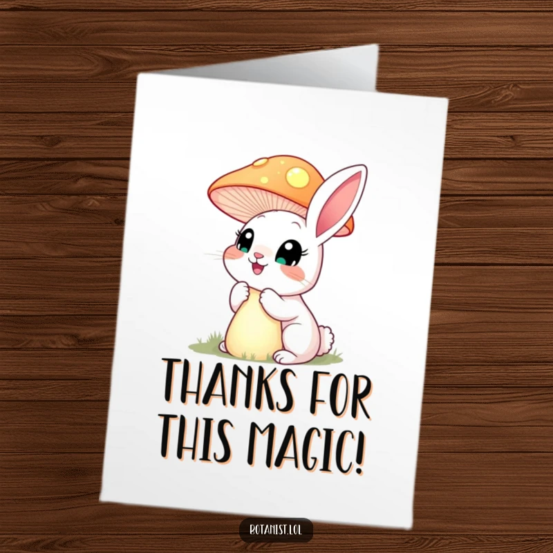 Funny Free Printable Thank You Card: A happy rabbit inspects a giant, glowing mushroom with wide eyes, expressing wonder and thanks.
