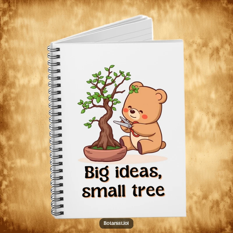 Funny notebook cover with a bear character meticulously pruning a bonsai tree with tiny scissors, embodying calm focus and gentle humor.
