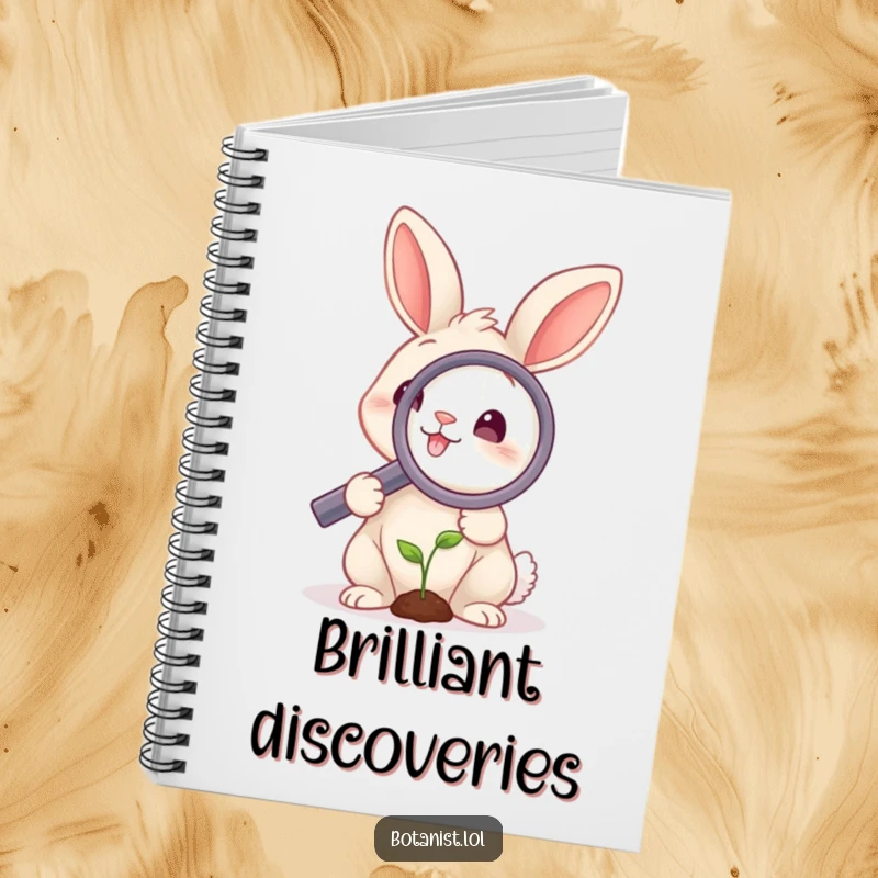 Funny rabbit notebook with a smiling rabbit holding a large magnifying glass over a tiny sprout, perfect for jotting down curious thoughts.