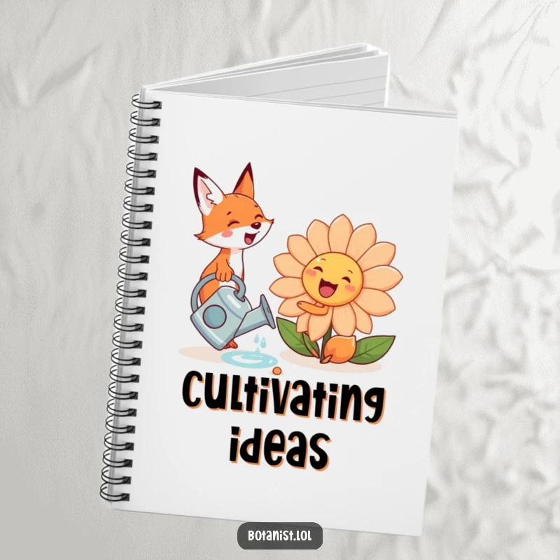 Funny cute fox with a watering can, watering a giant, smiling flower, inspiring creativity in this funny notebook.