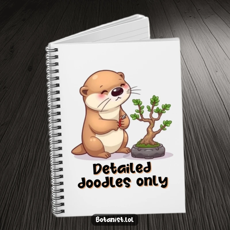 Funny otter bonsai notebook, showing a diligent otter carefully pruning a small bonsai tree, perfect for notes and planning.