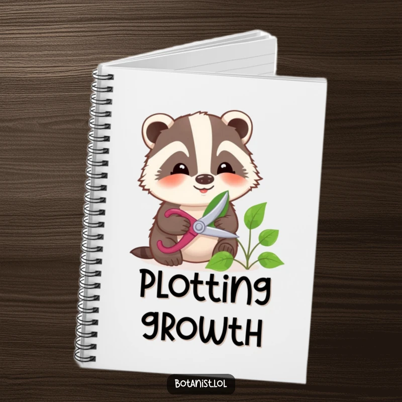 Funny badger gently pruning a leaf with shears, a notebook for capturing nature-inspired thoughts humorously.