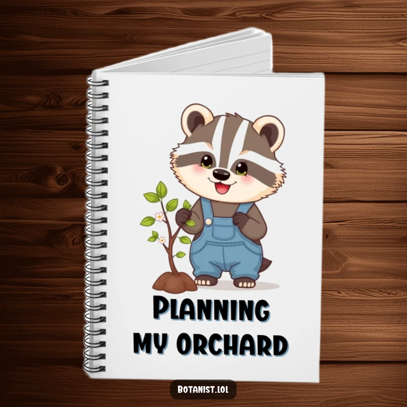 Funny notebook featuring a hardworking badger pruning a tree, perfect for jotting notes with a touch of garden humor.