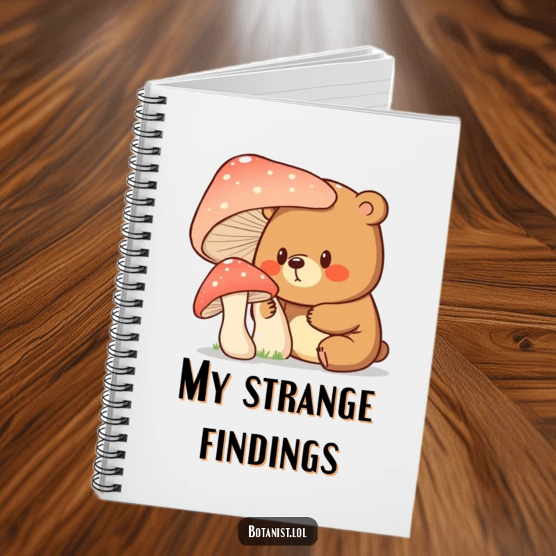 Funny bear with a surprised and curious expression examining a giant mushroom, displayed on this whimsical and inspiring notebook.