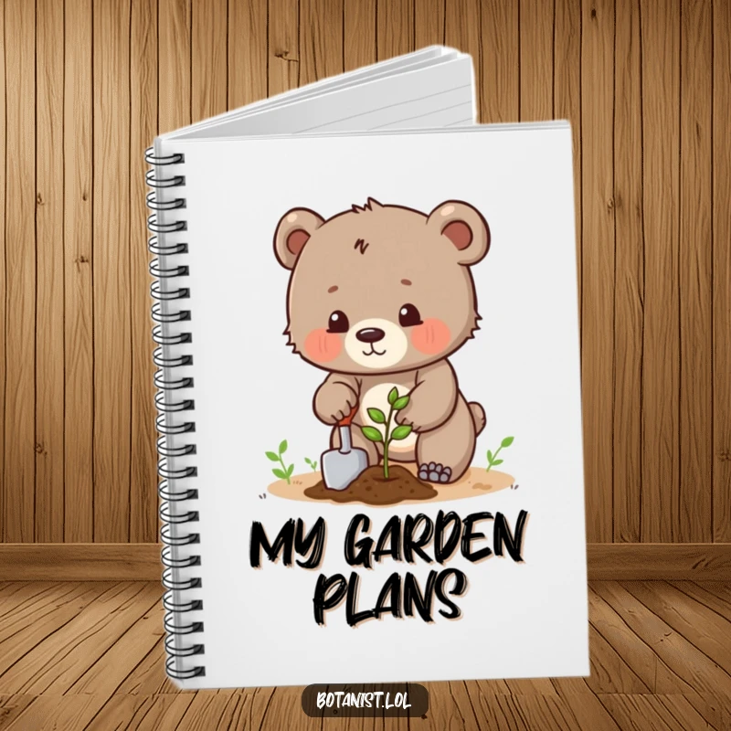 Funny determined bear cub planting a seed with a trowel, a humorous notebook for gardeners' notes. Great gift.