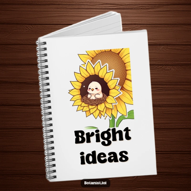 Funny notebook with a small bird looking pleased and cozy, nesting in a giant sunflower, encouraging peaceful note-taking with a charming design.