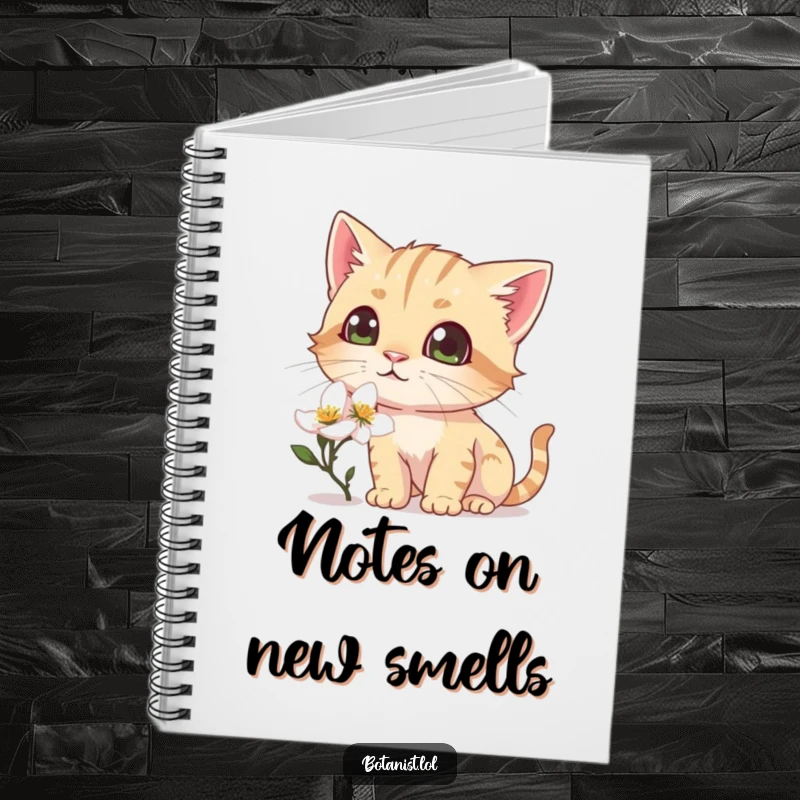 Funny notebook cover featuring a curious cat sniffing a dewy blossom, eyes wide with pure delight.