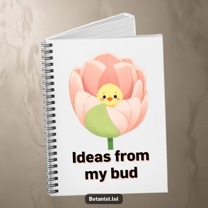 Funny notebook cover with a fluffy chick peeking from inside a large, blooming tulip.