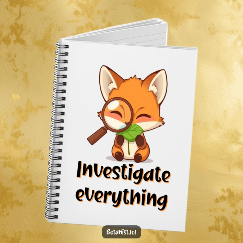 Funny notebook with a fox peering through a magnifying glass at a dewdropped leaf, encouraging detailed note-taking with a humorous design.