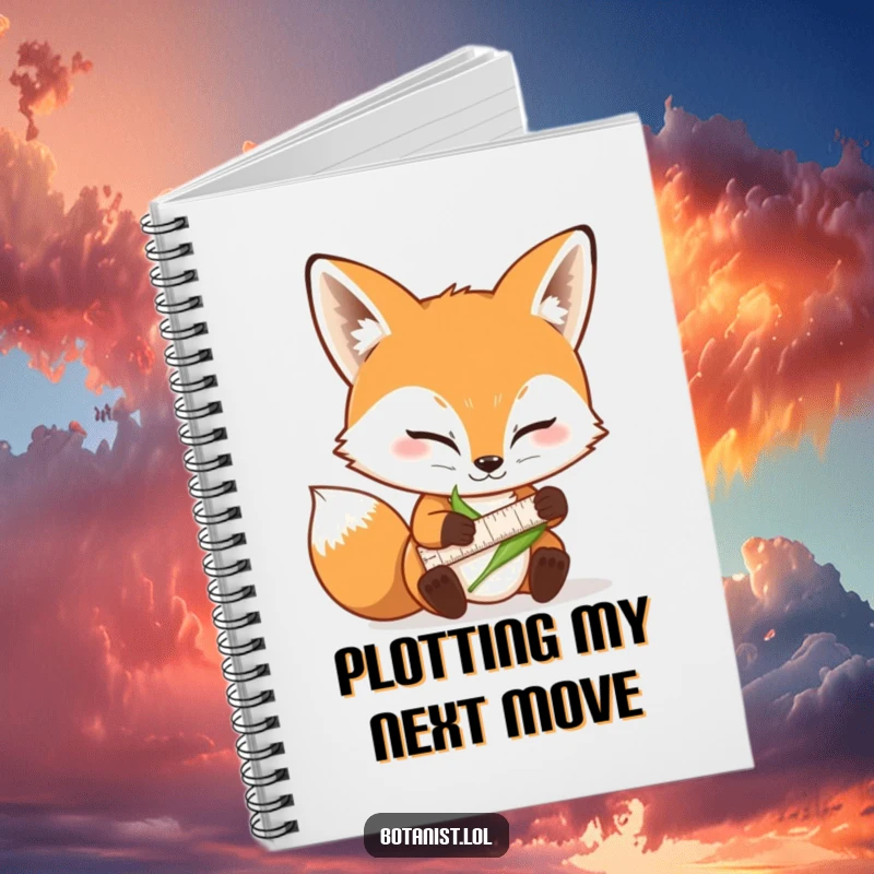 Funny notebook cover with a determined fox carefully measuring a leaf using a tiny ruler and a focused expression.
