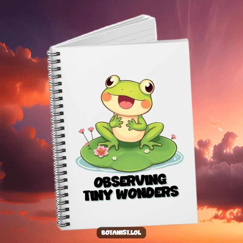 Funny notebook featuring a delighted frog on a lily pad, perfect for jotting notes with a touch of pond humor.