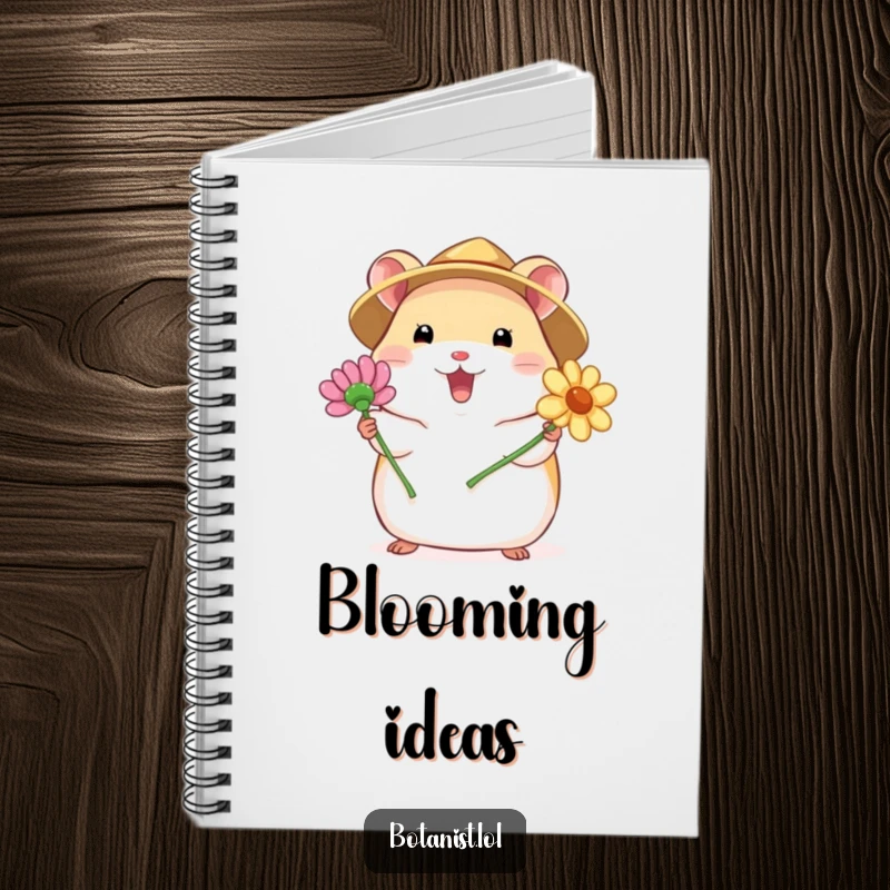 Funny notebook with a chubby hamster in a straw hat, excitedly presenting a blooming flower, encouraging creative writing with a cheerful design.