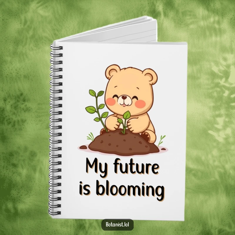 Funny notebook cover with a happy bear cub planting a seedling, ideal for garden notes, journaling, and sketching.