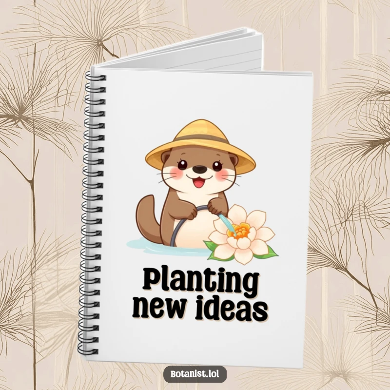 Funny notebook with a happy otter in a straw hat watering a large flower, providing ample space for notes and creative ideas.