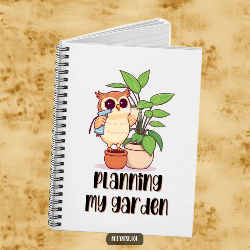 Funny owl misting a large plant with a spray bottle, a humorous notebook for plant lovers' ideas. Great gift.
