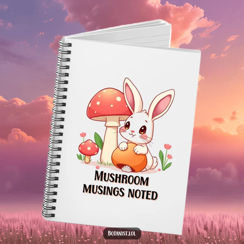 Funny notebook with a rabbit admiring a mushroom, ideal for fantasy journaling with a humorous twist, a funny stationery gift.