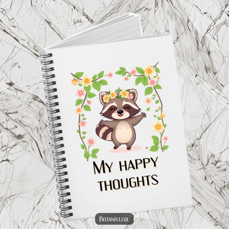 Funny raccoon notebook cover with a giggling raccoon wearing a flower crown and dancing among blooming vines, ideal for jotting down cheerful thoughts.