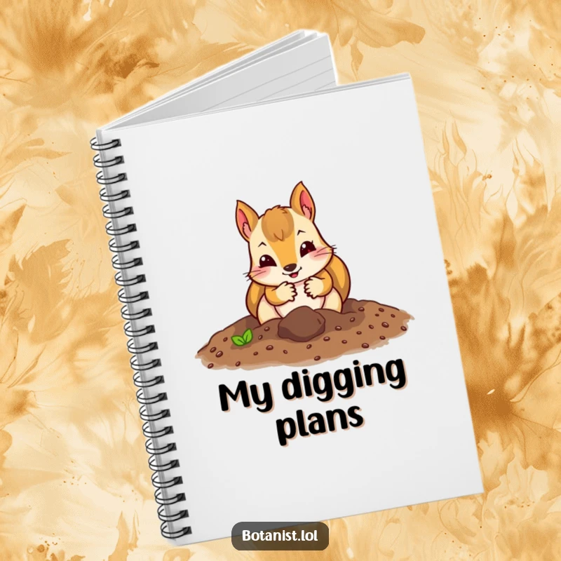 Funny squirrel gardener notebook with a curious squirrel in gloves digging in soil, ideal for notes and planning.