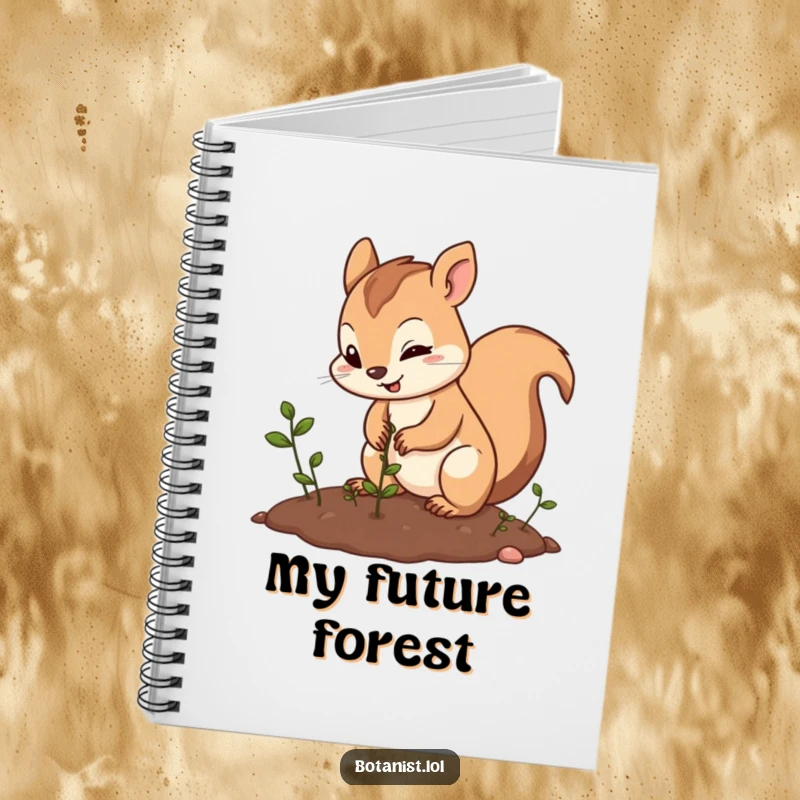Funny squirrel gardener notebook, featuring a determined squirrel planting seeds with joy, ideal for note-taking and journaling.