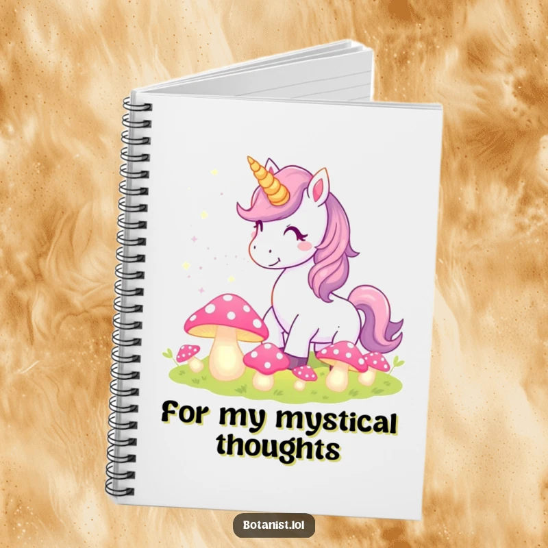 Funny Unicorn Notebook cover illustration of a unicorn sprinkling pixie dust over a field of glowing, magical mushrooms.