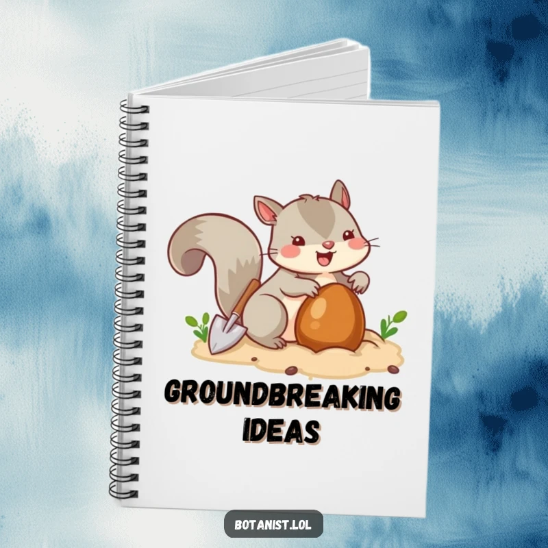 Funny squirrel burying a nut with a tiny shovel, a notebook for capturing ideas humorously.