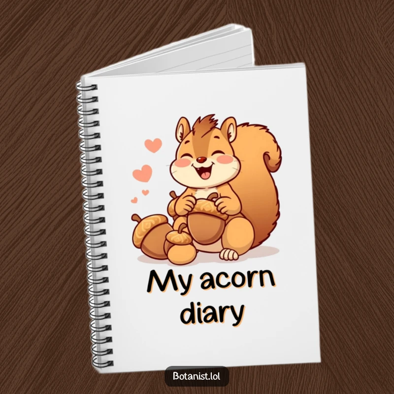 Funny giggling squirrel notebook, joyfully collecting acorns, providing space for humorous thoughts and notes.
