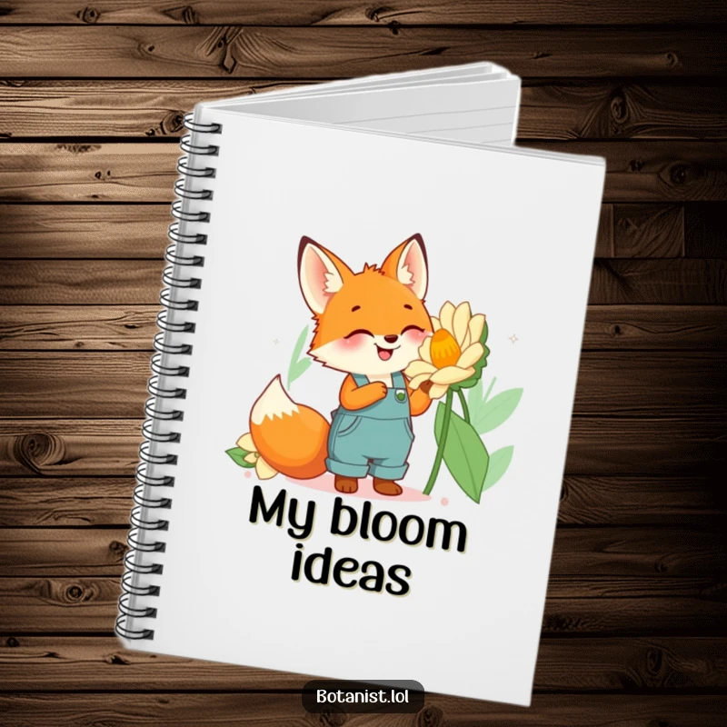 Funny fox gardener notebook with a cute fox in overalls looking at a large flower, ideal for writing and drawing.