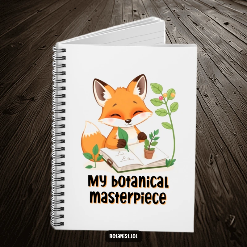 Funny notebook with a fox sketching plants, ideal for art notes with a humorous twist, a funny stationery gift.