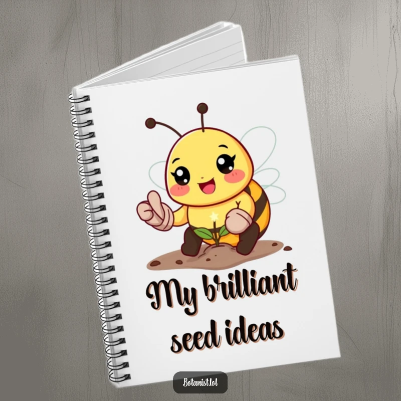 Funny bee gardener notebook, with a happy bee wearing gloves planting a tiny sparkling seed, perfect for notes and inspiration.