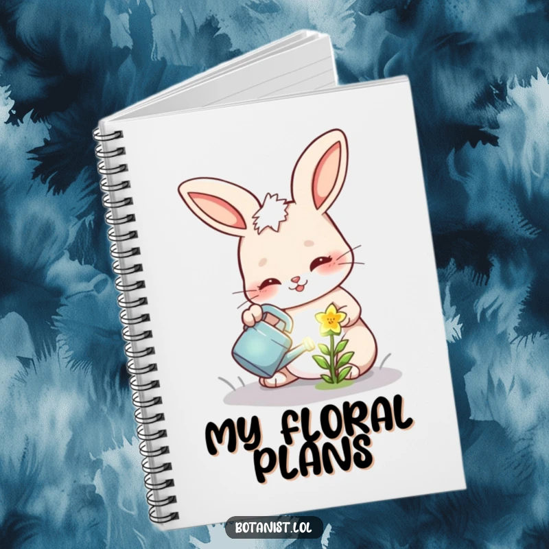 Funny notebook cover with a cheerful bunny determinedly watering a tiny, glowing flower, inspiring creativity.