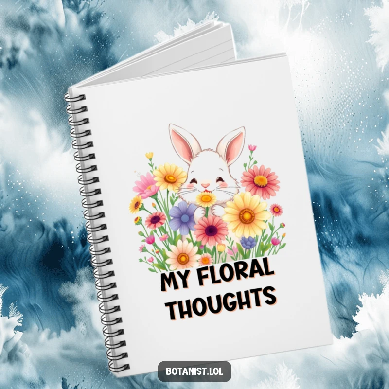 Funny notebook cover with a fluffy bunny joyfully sniffing a bouquet of oversized, colorful wildflowers.