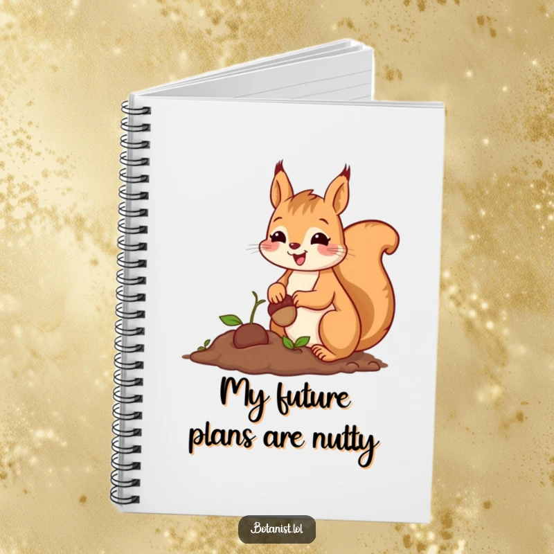 Funny notebook cover with a cheerful squirrel planting a tiny acorn with great care and a proud smile.