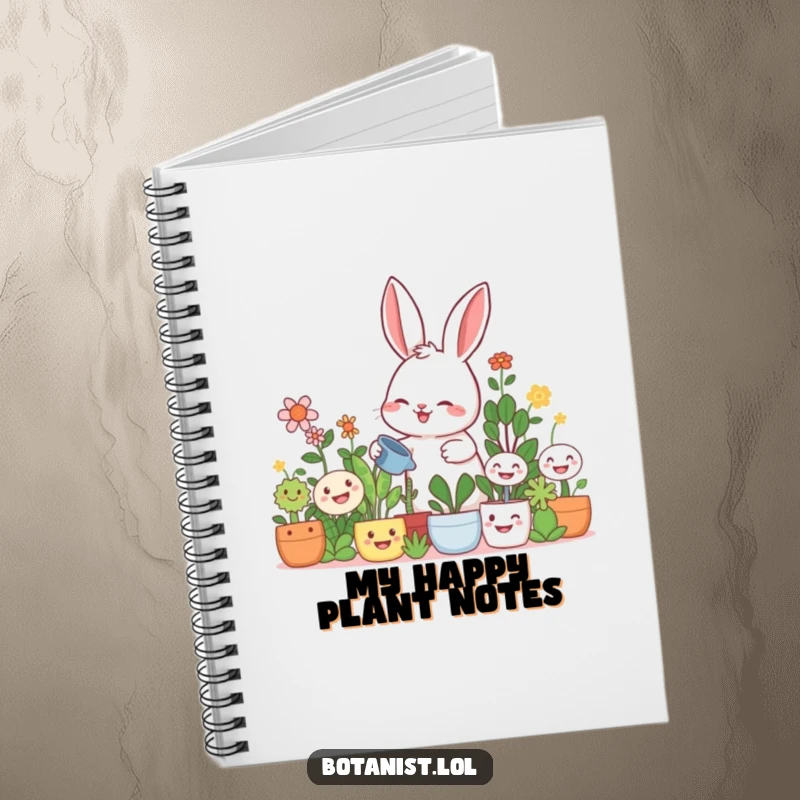 Funny rabbit gardener notebook, a giggling rabbit watering oversized smiling plants, for notes and garden inspiration.