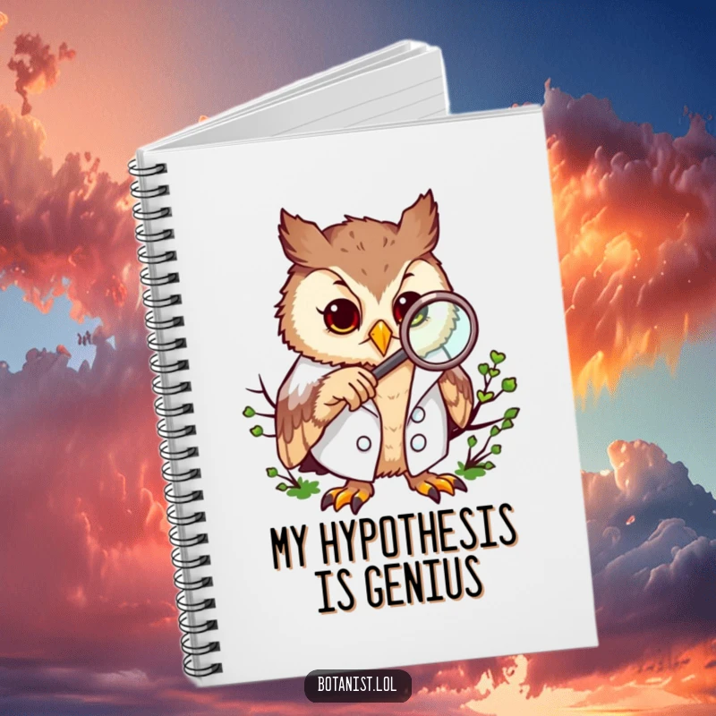 Funny notebook cover with a curious owl wearing a lab coat, examining moss with a magnifying glass.