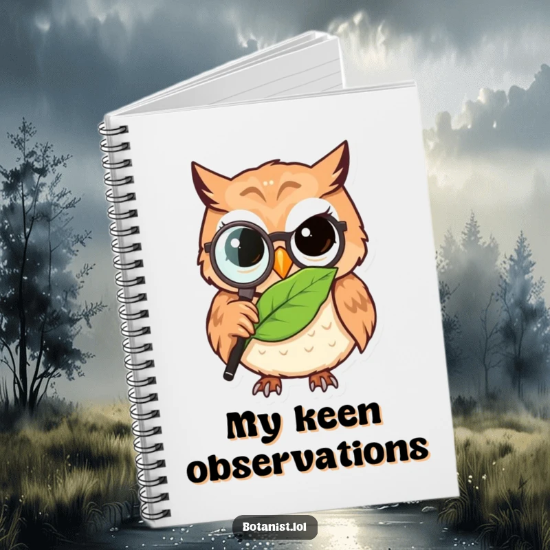 Funny owl detective notebook, a determined owl with a magnifying glass observing a detailed leaf, for notes and deep thoughts.