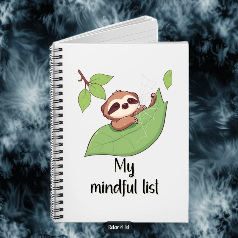 Funny sloth notebook cover with a smiling sloth gently touching a dewy spiderweb on a leaf, ideal for jotting down peaceful thoughts.