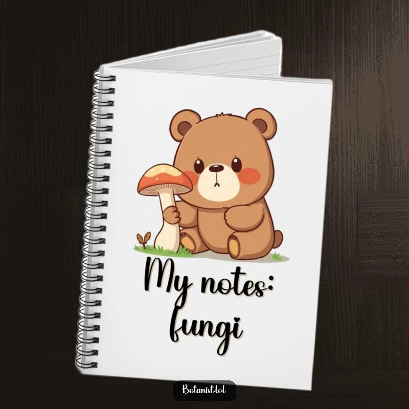 Funny notebook cover with a surprised bear examining a giant mushroom, inspiring curious thoughts and creative writing.