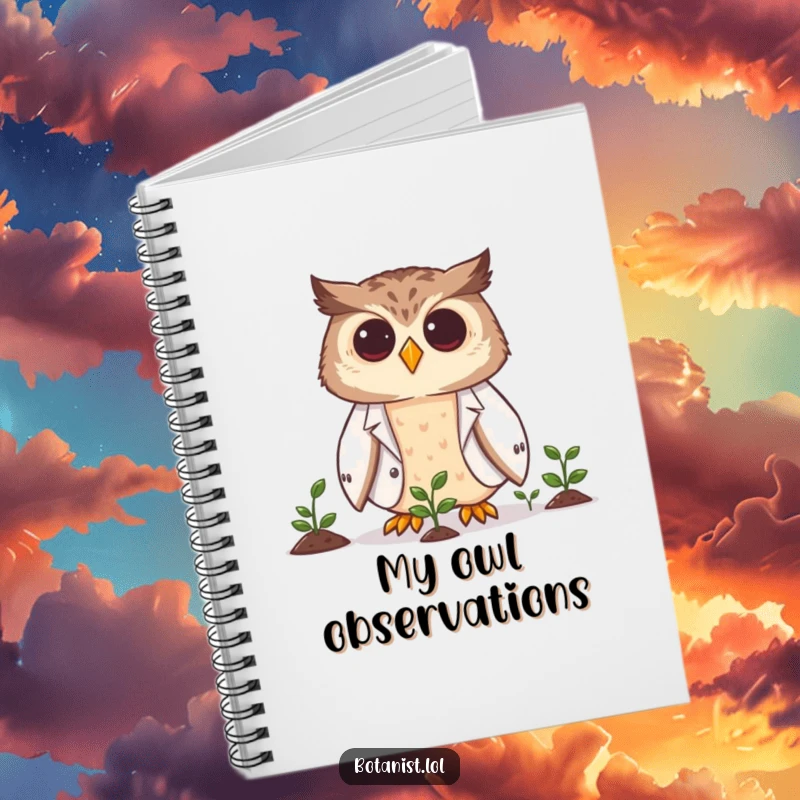 Funny owl scientist notebook with a smiling owl in a lab coat observing tiny plants, perfect for notes.